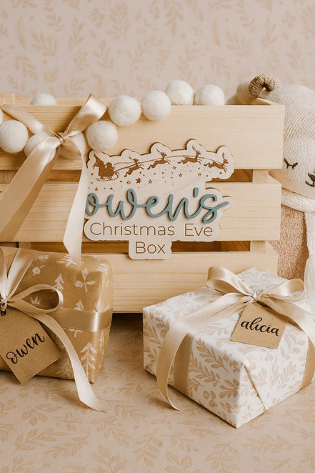 Personalized Christmas Eve Box Sign | Laser Cut Birch Wooden Plaque with 3D Acrylic Name | Custom Kids Holiday Keepsake Tag for Crate