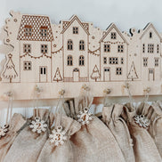 Wooden Advent Calendar Village | 12 Day Countdown with Burlap Bags | Laser Cut Birch Christmas Decor | Hanging Holiday Countdown