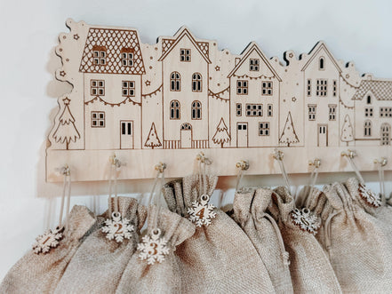 Wooden Advent Calendar Village | 12 Day Countdown with Burlap Bags | Laser Cut Birch Christmas Decor | Hanging Holiday Countdown