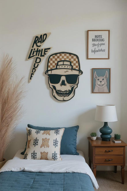 Checker Print Skull | Playroom Decor | Wood Signs | snap back | hat | skull Face | modern | Boy | Rad Dude | Wall Art | Boys Room
