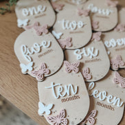 Wooden Baby Monthly Milestone Set  Butterfly Design | 3D Acrylic Accents | Months 1-12 | Neutral Blush | Custom Colors Available