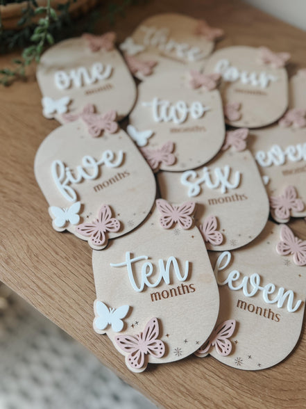 Wooden Baby Monthly Milestone Set  Butterfly Design | 3D Acrylic Accents | Months 1-12 | Neutral Blush | Custom Colors Available