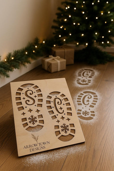 Santa Boot Print Stencil for Flour or Sugar | 10 Christmas Morning Footprint Prop | Laser Cut Wood Santa Tracks | Reusable Holiday Decor