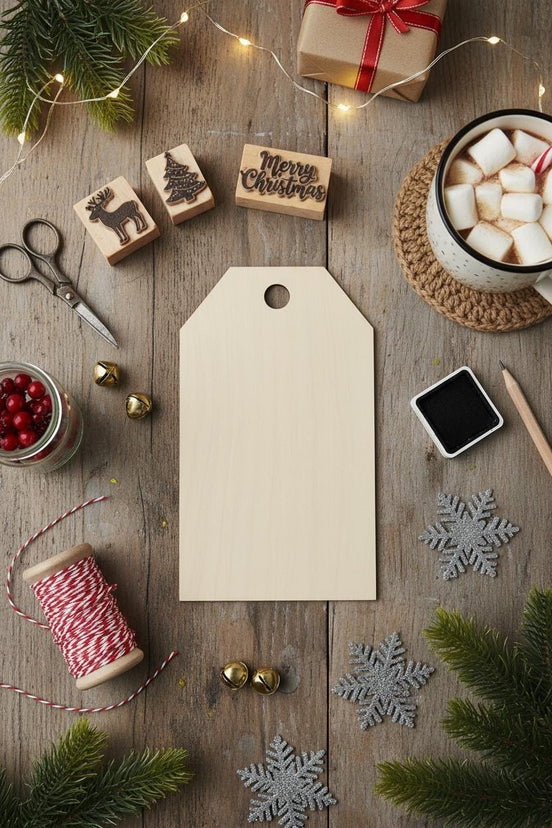 Blank wooden gift tag surrounded by holiday stamps, ribbon, ink and craft supplies.