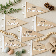 First Holiday Flag Milestone | pennant flag | Modern Milestones | Baby Shower gift | Boho Baby | Wooden Milestone | Newborn | Pregnancy