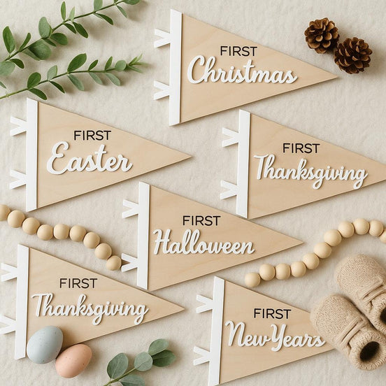 First Holiday Flag Milestone | pennant flag | Modern Milestones | Baby Shower gift | Boho Baby | Wooden Milestone | Newborn | Pregnancy