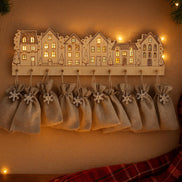 Wooden Advent Calendar Village | 12 Day Countdown with Burlap Bags | Laser Cut Birch Christmas Decor | Hanging Holiday Countdown