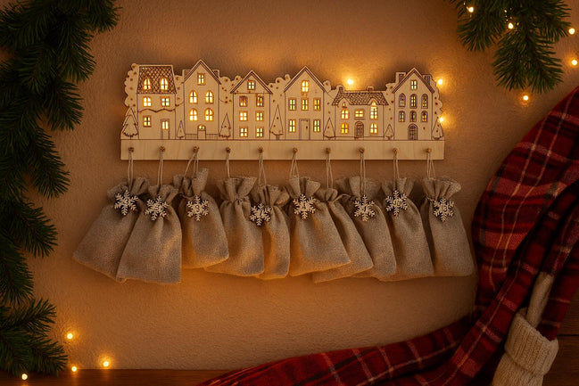 Wooden Advent Calendar Village | 12 Day Countdown with Burlap Bags | Laser Cut Birch Christmas Decor | Hanging Holiday Countdown