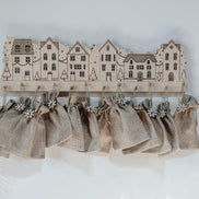 Wooden Advent Calendar Village | 12 Day Countdown with Burlap Bags | Laser Cut Birch Christmas Decor | Hanging Holiday Countdown