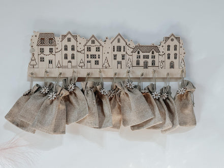 Wooden Advent Calendar Village | 12 Day Countdown with Burlap Bags | Laser Cut Birch Christmas Decor | Hanging Holiday Countdown