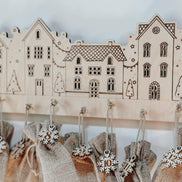 Wooden Advent Calendar Village | 12 Day Countdown with Burlap Bags | Laser Cut Birch Christmas Decor | Hanging Holiday Countdown