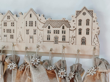 Wooden Advent Calendar Village | 12 Day Countdown with Burlap Bags | Laser Cut Birch Christmas Decor | Hanging Holiday Countdown