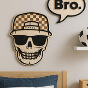 Skull Wall Decor and Bro. Sign | Boys Room Wall Art | Laser Cut Birch and Acrylic | Checkered Hat Skull | Teen Room Decor | Cool Boy Gift