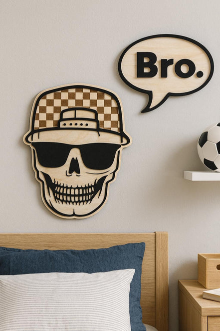 Skull Wall Decor and Bro. Sign | Boys Room Wall Art | Laser Cut Birch and Acrylic | Checkered Hat Skull | Teen Room Decor | Cool Boy Gift