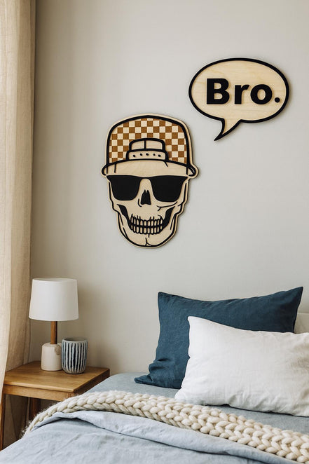 Skull Wall Decor and Bro. Sign | Boys Room Wall Art | Laser Cut Birch and Acrylic | Checkered Hat Skull | Teen Room Decor | Cool Boy Gift