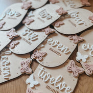 Wooden Baby Monthly Milestone Set  Butterfly Design | 3D Acrylic Accents | Months 1-12 | Neutral Blush | Custom Colors Available