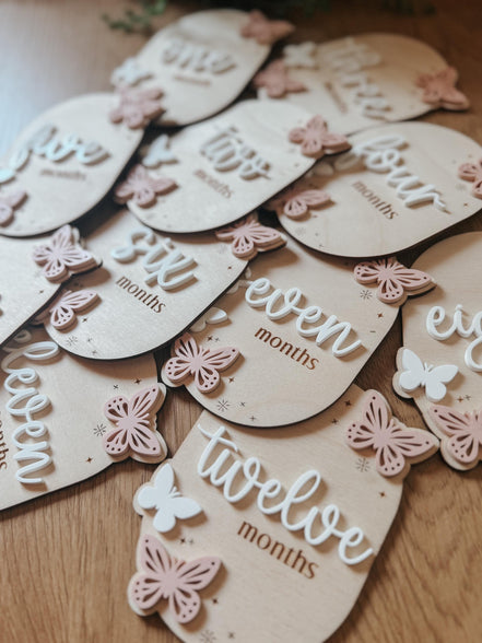 Wooden Baby Monthly Milestone Set  Butterfly Design | 3D Acrylic Accents | Months 1-12 | Neutral Blush | Custom Colors Available