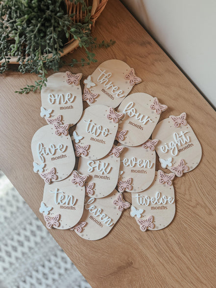 Wooden Baby Monthly Milestone Set  Butterfly Design | 3D Acrylic Accents | Months 1-12 | Neutral Blush | Custom Colors Available