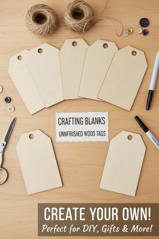 Unfinished wooden gift-tag blanks with punched holes arranged beside twine and craft tools.