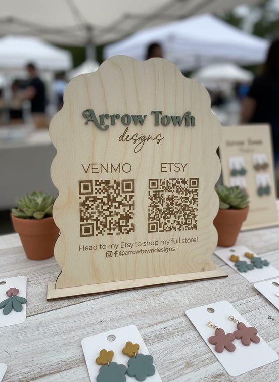 Custom QR Code Sign for Small Business | Laser Cut Birch Market Booth Display | 3D Acrylic Logo | Venmo Etsy Checkout Sign | Vendor Table De