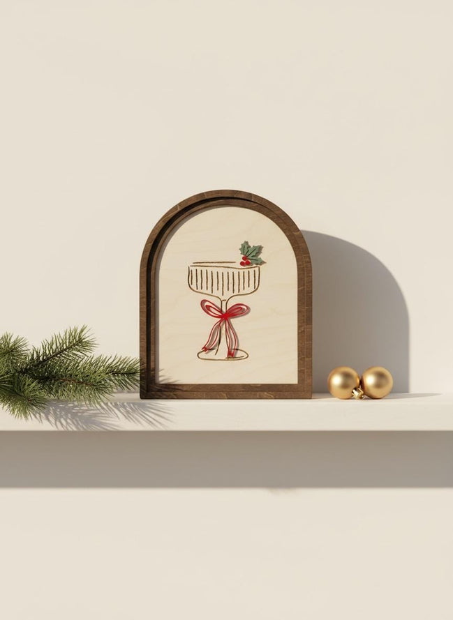 Christmas Cocktail Sign  3D Acrylic Holiday Shelf Décor  Laser Cut Birch Wood Arch Sign  Walnut Frame  Christmas Bar Cart Décor