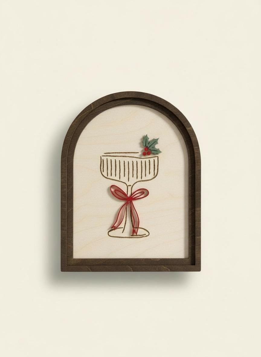 Christmas Cocktail Sign  3D Acrylic Holiday Shelf Décor  Laser Cut Birch Wood Arch Sign  Walnut Frame  Christmas Bar Cart Décor