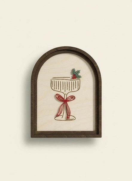 Christmas Cocktail Sign  3D Acrylic Holiday Shelf Décor  Laser Cut Birch Wood Arch Sign  Walnut Frame  Christmas Bar Cart Décor