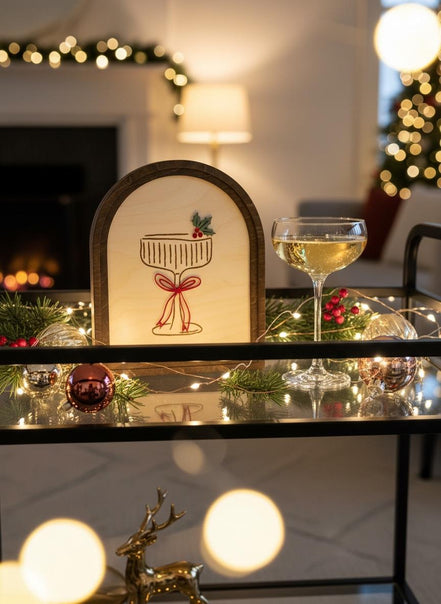 Christmas Cocktail Sign  3D Acrylic Holiday Shelf Décor  Laser Cut Birch Wood Arch Sign  Walnut Frame  Christmas Bar Cart Décor