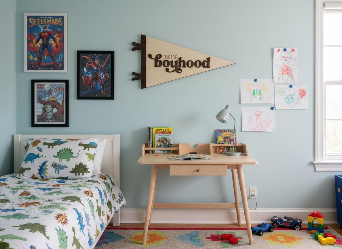 Long Live Boyhood Wood Flag  Laser Cut Birch Wall Décor  3D Walnut Sign for Kids Room  Boys Bedroom Pennant
