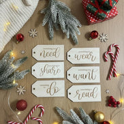 Christmas Gift Tags Set  Laser Cut Birch Tags  Something You Need Want Wear Read Share Do  Wooden Present Tags  Holiday Gift Labels