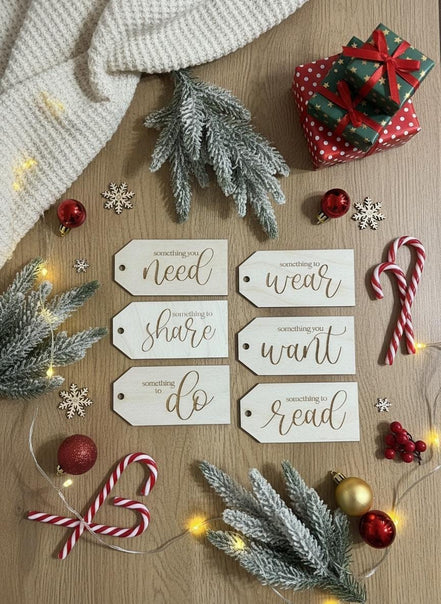 Christmas Gift Tags Set  Laser Cut Birch Tags  Something You Need Want Wear Read Share Do  Wooden Present Tags  Holiday Gift Labels