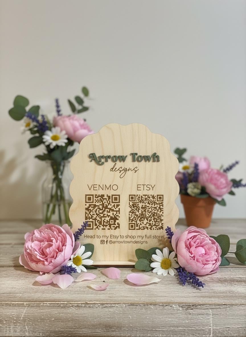 Custom QR Code Sign for Small Business | Laser Cut Birch Market Booth Display | 3D Acrylic Logo | Venmo Etsy Checkout Sign | Vendor Table De