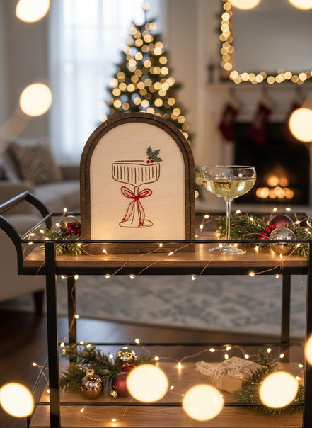 Christmas Cocktail Sign  3D Acrylic Holiday Shelf Décor  Laser Cut Birch Wood Arch Sign  Walnut Frame  Christmas Bar Cart Décor