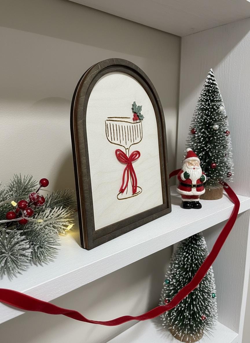 Christmas Cocktail Sign  3D Acrylic Holiday Shelf Décor  Laser Cut Birch Wood Arch Sign  Walnut Frame  Christmas Bar Cart Décor