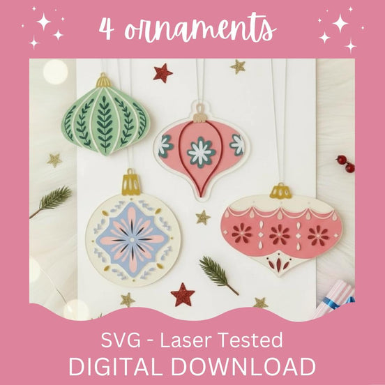 Retro Christmas Ornament SVG Bundle | Layered Laser Cut Files | Glowforge, XTool, Cricut, Silhouette | Vintage Holiday Ornament SVG | Laser