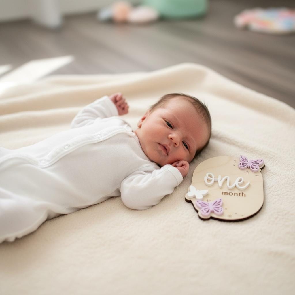 Wooden Baby Monthly Milestone Set  Butterfly Design | 3D Acrylic Accents | Months 1-12 | Neutral Blush | Custom Colors Available