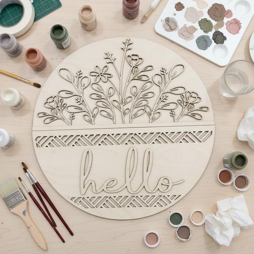 DIY Hello Front Door Sign | Paint Your Own Door Hanger | 15 Round Wooden Door Sign | DIY Porch Decor | Laser Cut Birch Sign