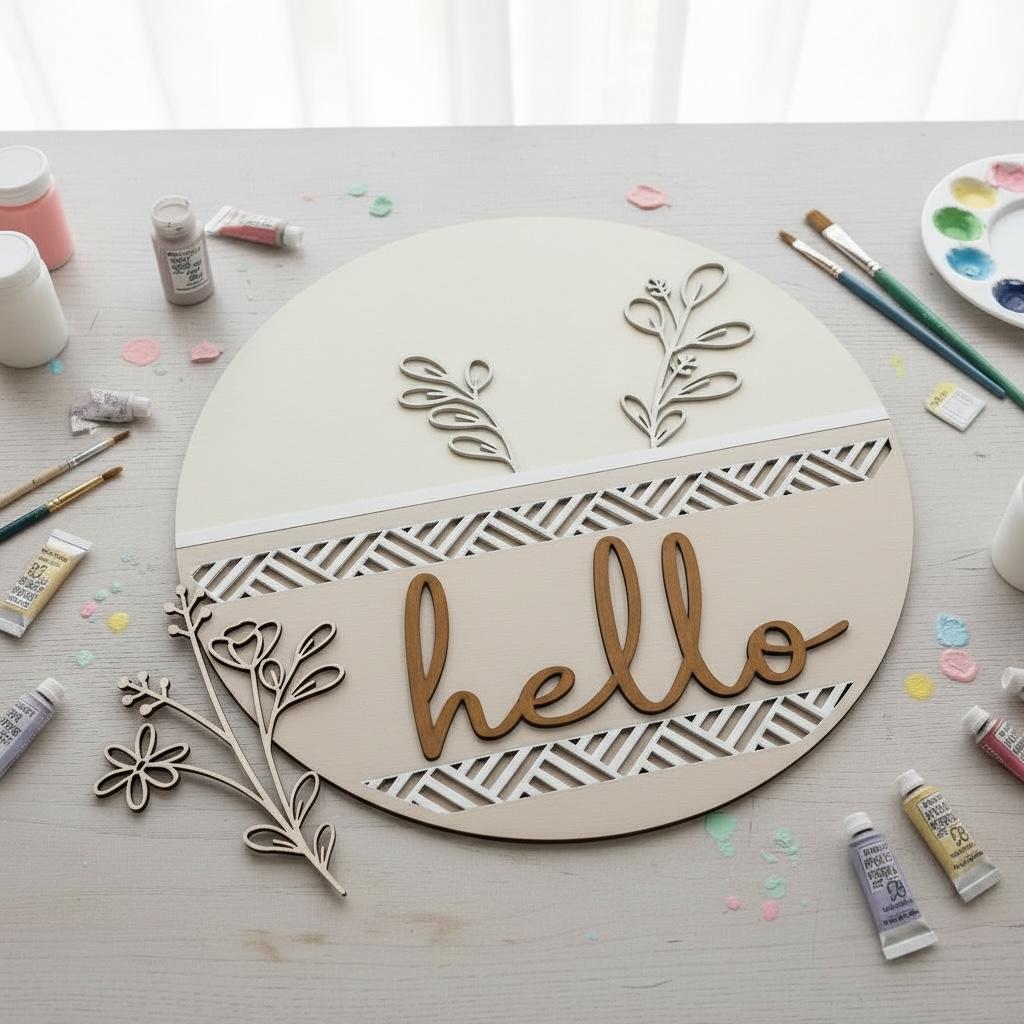 DIY Hello Front Door Sign | Paint Your Own Door Hanger | 15 Round Wooden Door Sign | DIY Porch Decor | Laser Cut Birch Sign
