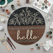 DIY Hello Front Door Sign | Paint Your Own Door Hanger | 15 Round Wooden Door Sign | DIY Porch Decor | Laser Cut Birch Sign