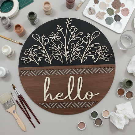 DIY Hello Front Door Sign | Paint Your Own Door Hanger | 15 Round Wooden Door Sign | DIY Porch Decor | Laser Cut Birch Sign