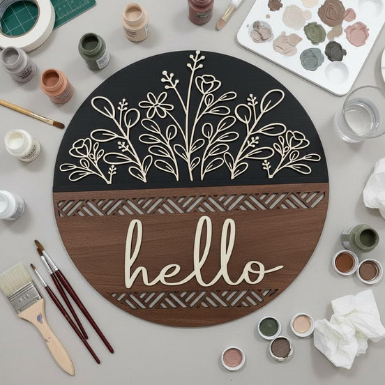 Painted Hello door sign with a black floral upper section and brown lower section beside paint supplies.