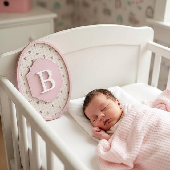 Pink B monogram plaque beside a sleeping newborn in a white crib.