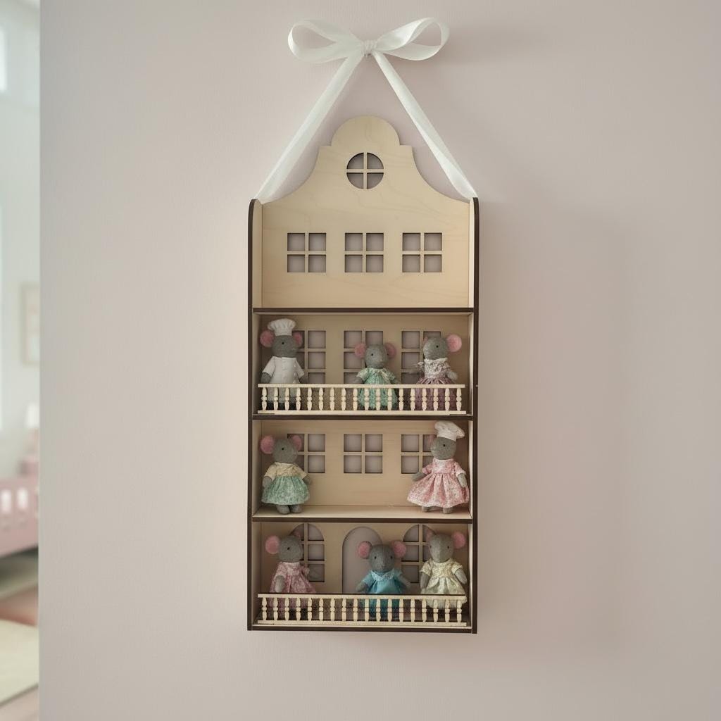 Wooden Dollhouse Wall Shelf  Laser Cut Birch House Shelf, Nursery Decor, Toy Display Shelf, Wall Hanging Doll House
