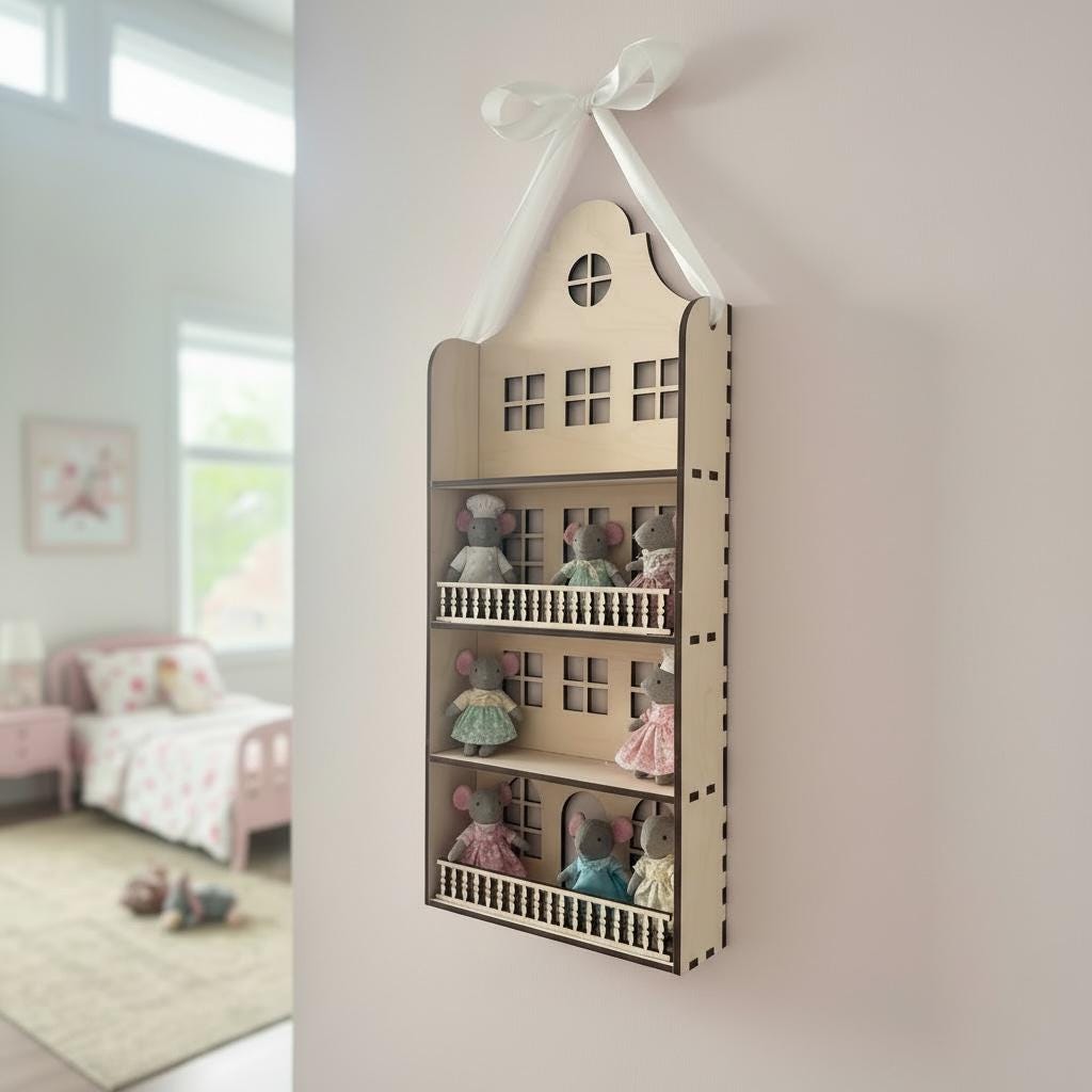 Wooden Dollhouse Wall Shelf  Laser Cut Birch House Shelf, Nursery Decor, Toy Display Shelf, Wall Hanging Doll House