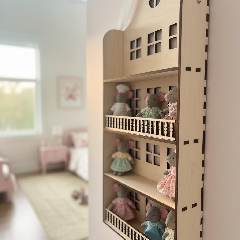 Wooden Dollhouse Wall Shelf  Laser Cut Birch House Shelf, Nursery Decor, Toy Display Shelf, Wall Hanging Doll House