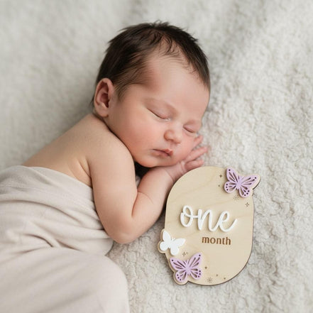 Wooden Baby Monthly Milestone Set  Butterfly Design | 3D Acrylic Accents | Months 1-12 | Neutral Blush | Custom Colors Available