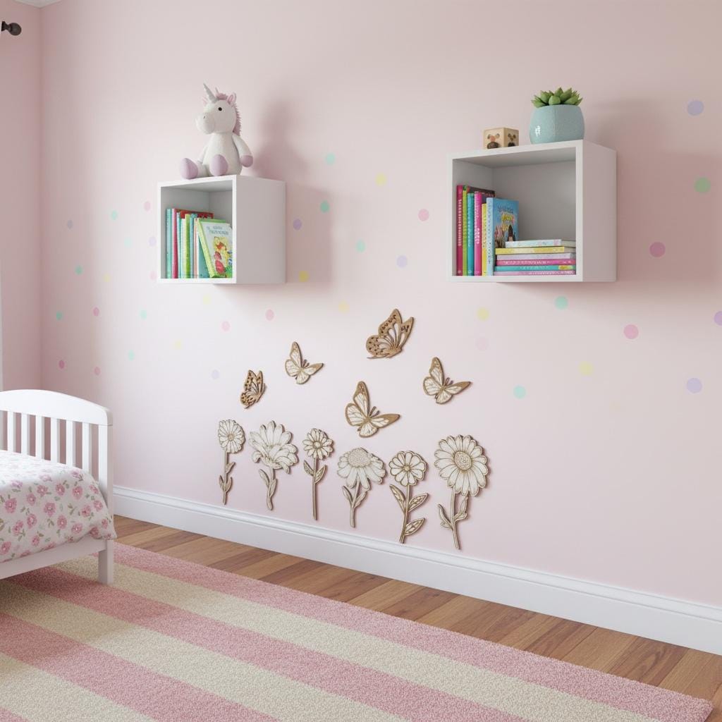 Wooden Flower & butterfly Wall hangings | Nursery Art | Kids Room | Playroom | Wildflower | Butterflies | Girls Nursery | Wood Signs | boho
