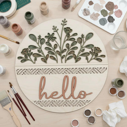DIY Hello Front Door Sign | Paint Your Own Door Hanger | 15 Round Wooden Door Sign | DIY Porch Decor | Laser Cut Birch Sign