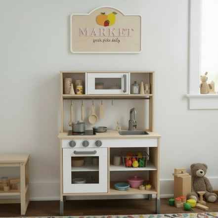 Personalized Kids Market Sign | Wooden Playroom Market Decor | Laser Cut Birch & Acrylic | Toy Kitchen Wall Sign | Farmers Market Play Sign