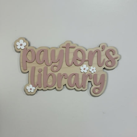 Personalized Kids Library Sign  Custom Name Wall Sign  Wooden & Acrylic Nursery Decor  Laser Cut Birch  Flower Name Sign  Playroom Book